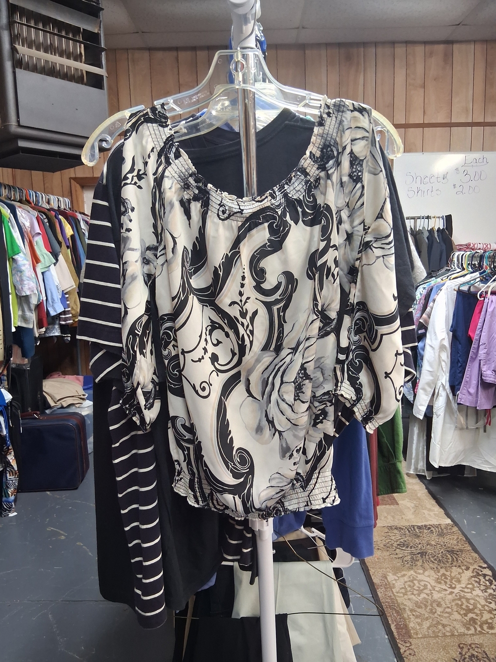 Women's Black and White Floral Off-Shoulder Top